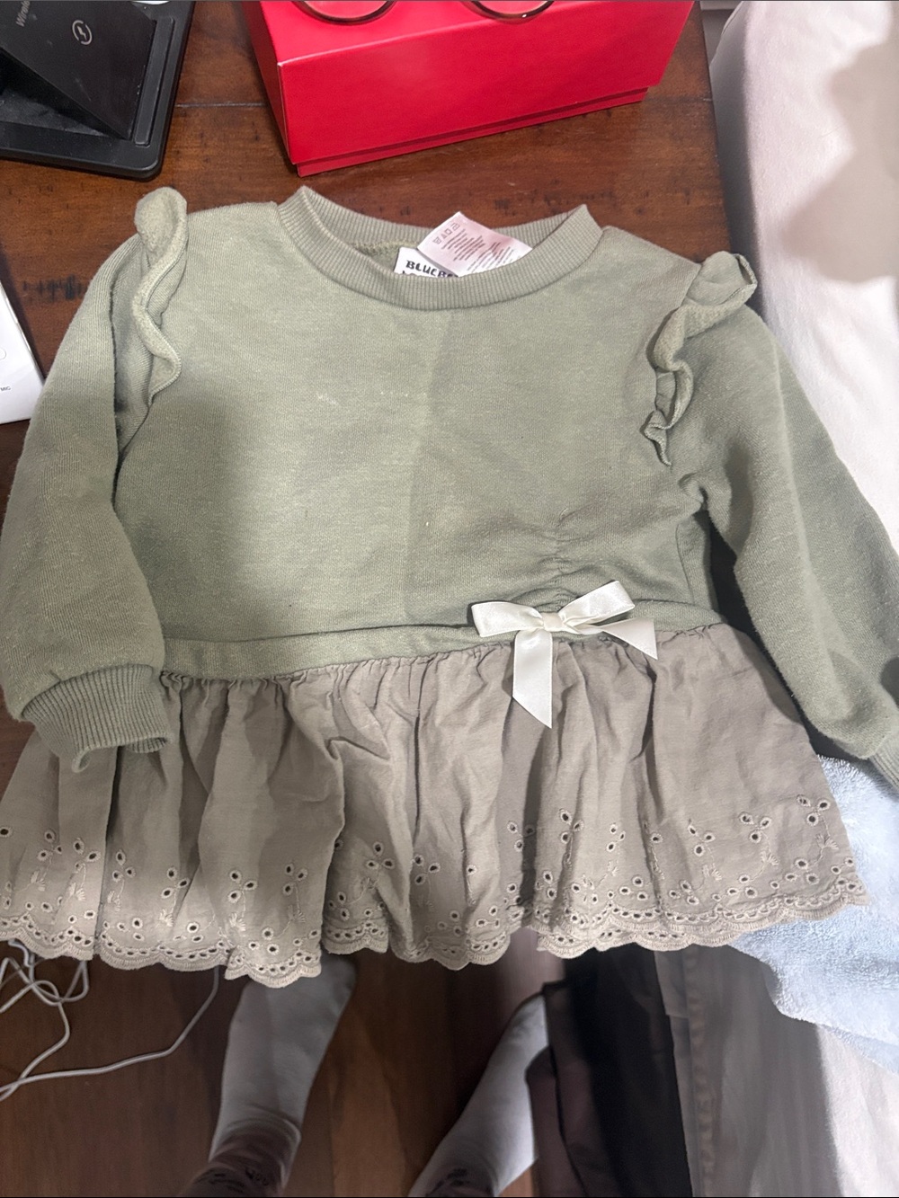 Blueberi Boulevard Sage Green Ruffle Sleeve Knit Top with Eyelet Skirt